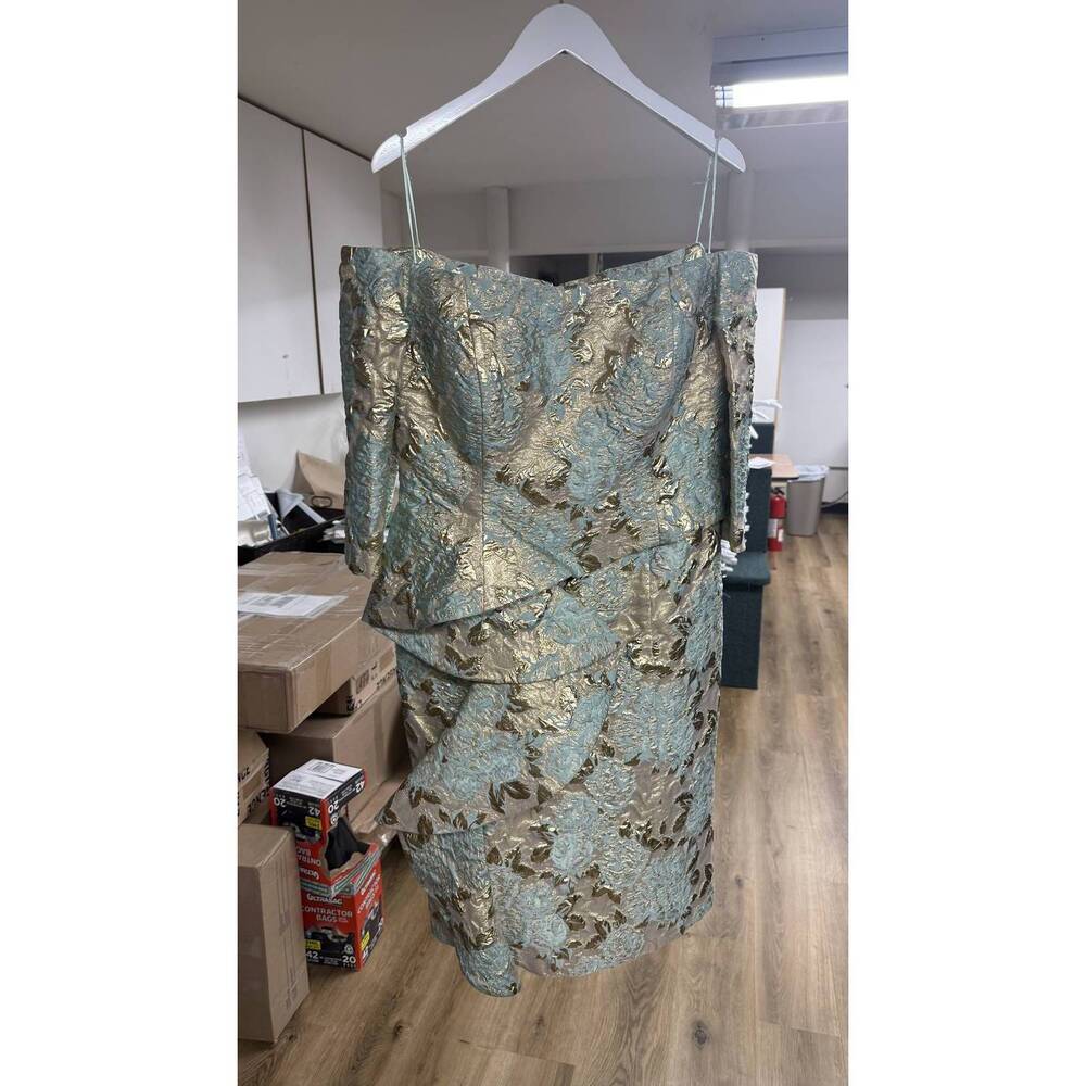 NEW JOHN PAUL ATAKER women's 3/4 sleeve brocade ruffle midi dress in seafoam and